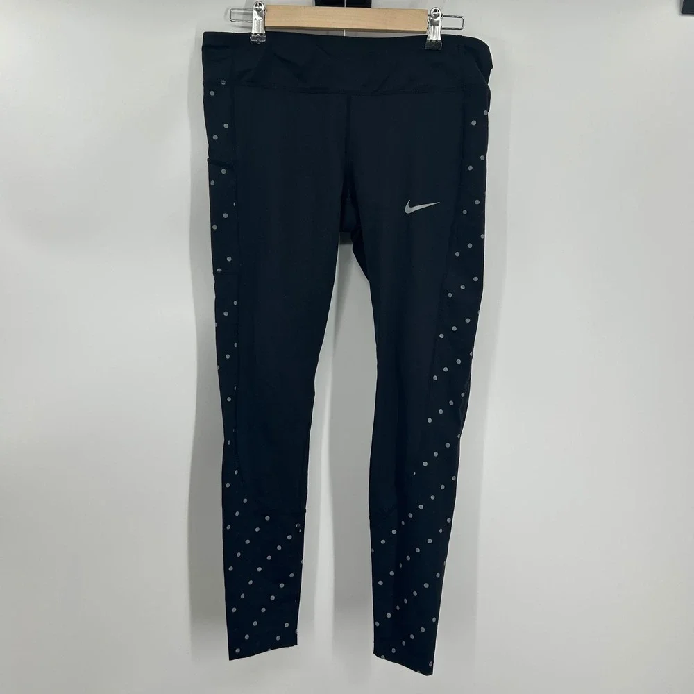 Nike Womens Epic Lux Running Leggings L Black Reflective Polka Dot Pockets 0825